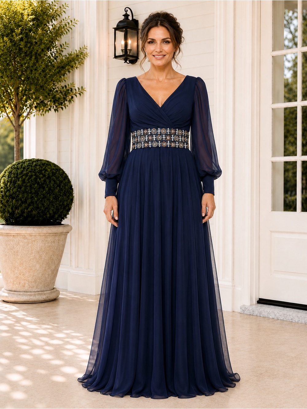 Mac Duggal 79390 Navy Blue Bishop Sleeve Flowy Evening Gown Sz 10